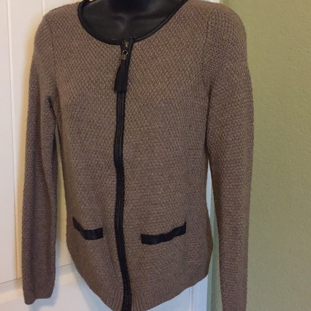 Leather trim merino wool blend sweater